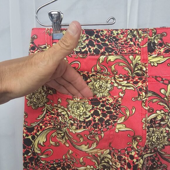 Hot Kiss Skinny Lily Pink Yellow Baroque Leopard Chain Print Jeans Retro Y2K 9 - Picture 9 of 16